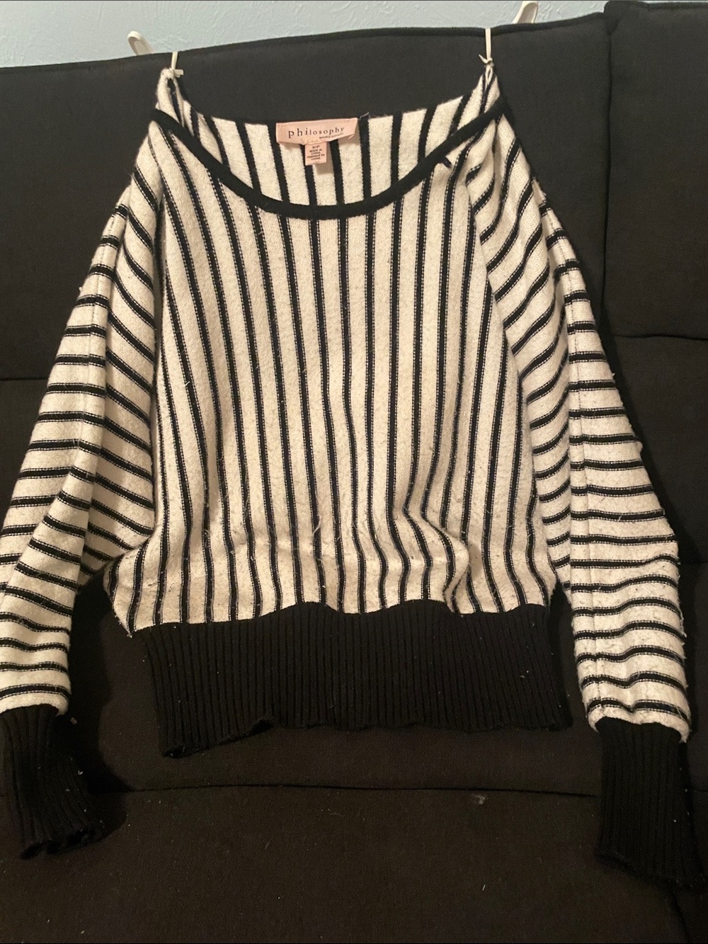 Philosophy Black and White Striped Crewneck Sweater